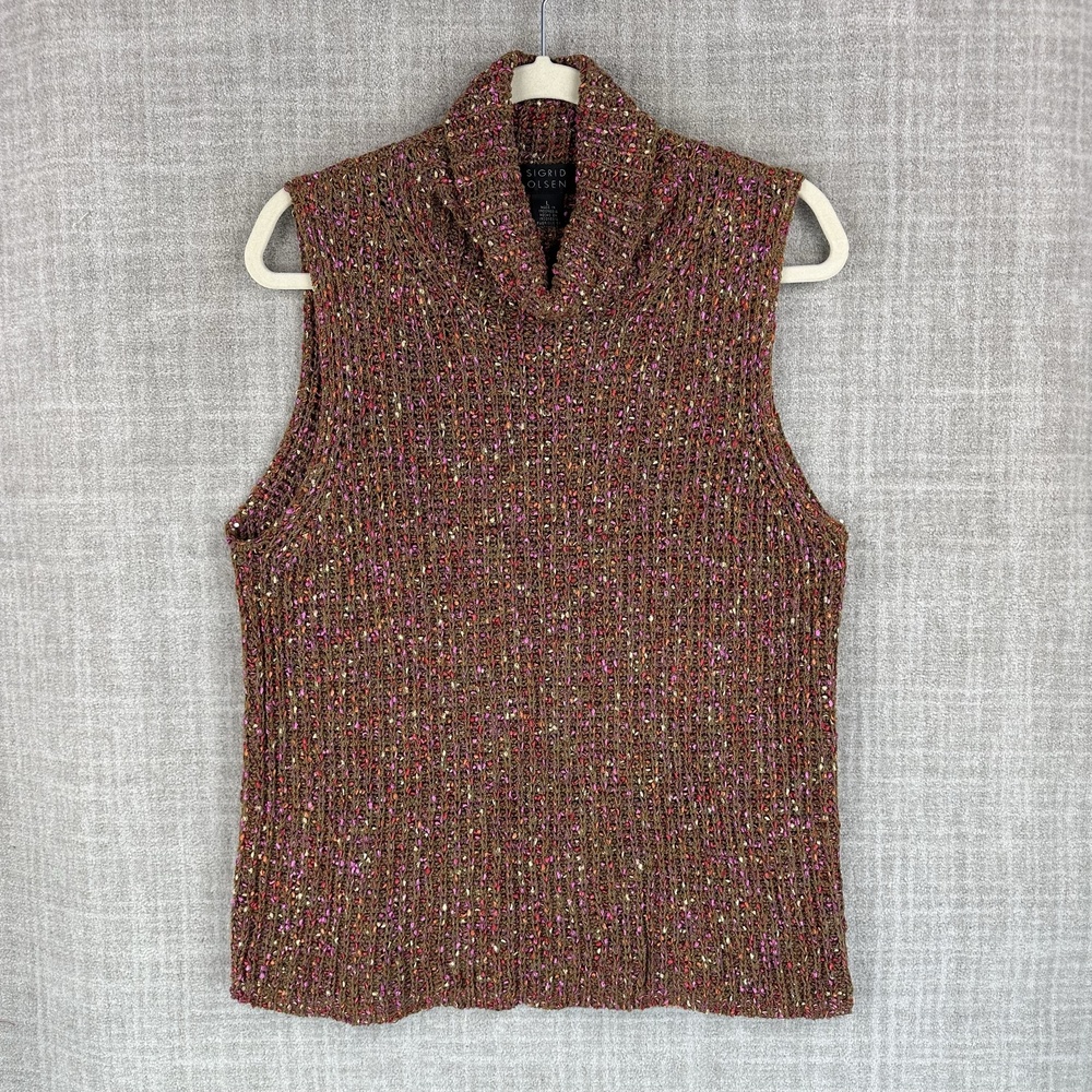 Sigrid Olsen Sweater Womens L Brown Cowl Neck Vest Open-Knit Stretch Rayon Nylon